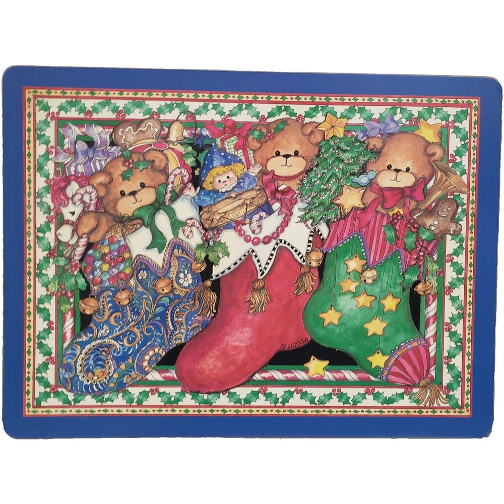 4 Hard Placemats w/Cork Back (12"x16") CHRISTMAS TEDDY BEARS IN SOCKS, Pimpernel